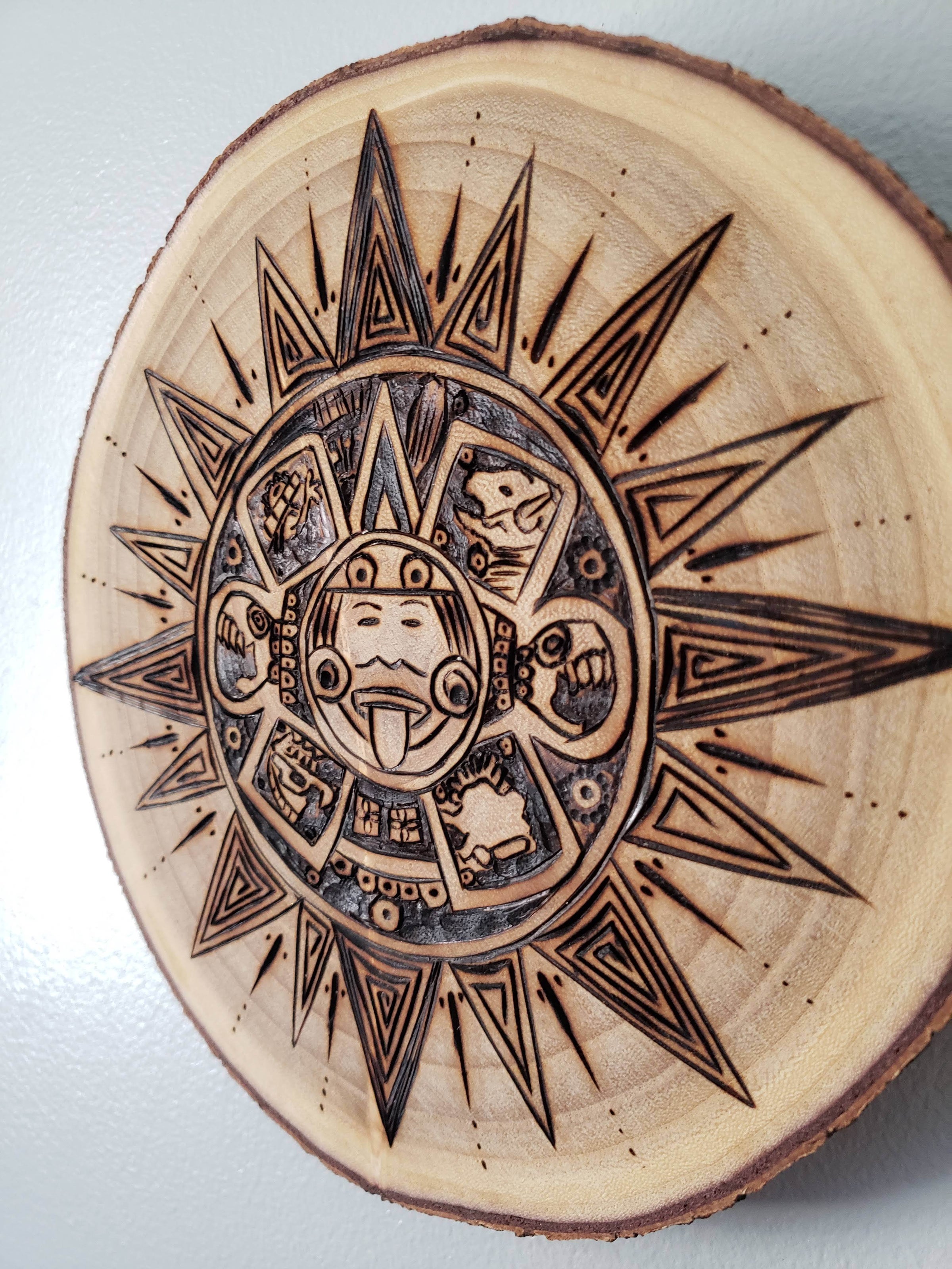 Aztec Sun Shield design- wood burned unique art | Reve Luna Designs